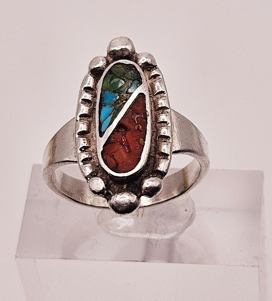 Sterling silver coral & turquoise multi stone inlay native ring