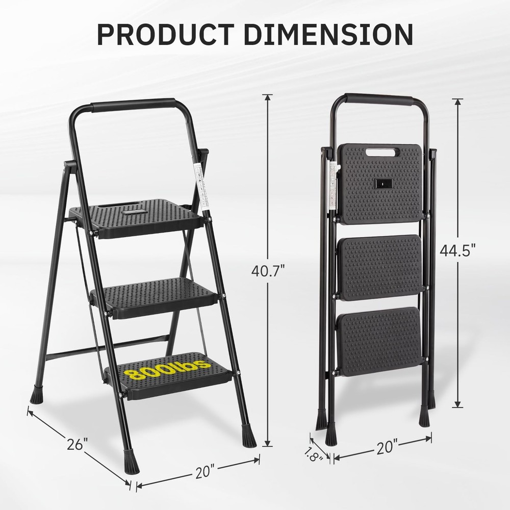 Simple Deluxe 3 Step Ladder, Foldable, 800lbs Portable Step Stool w/ Wide Platfo