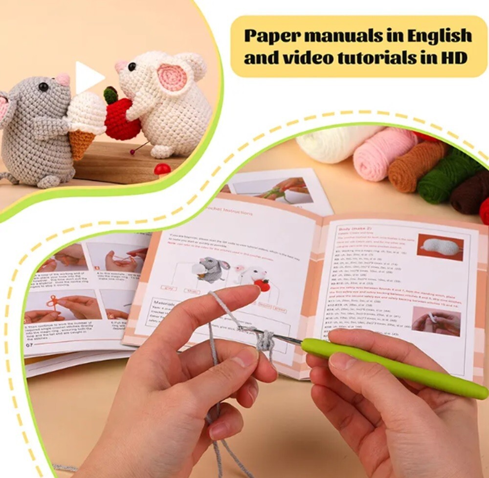 2‑Pack Beginners Crochet Kit w Hooks & Threaders–Cute Mouse DIY Yarn Starter Set