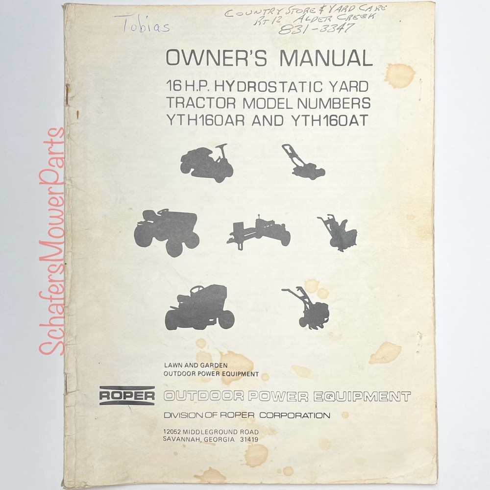 Sears Roper 16hp Hydro Yard Tractor Models YTH160AR & YTH160AT Owner’s Manual