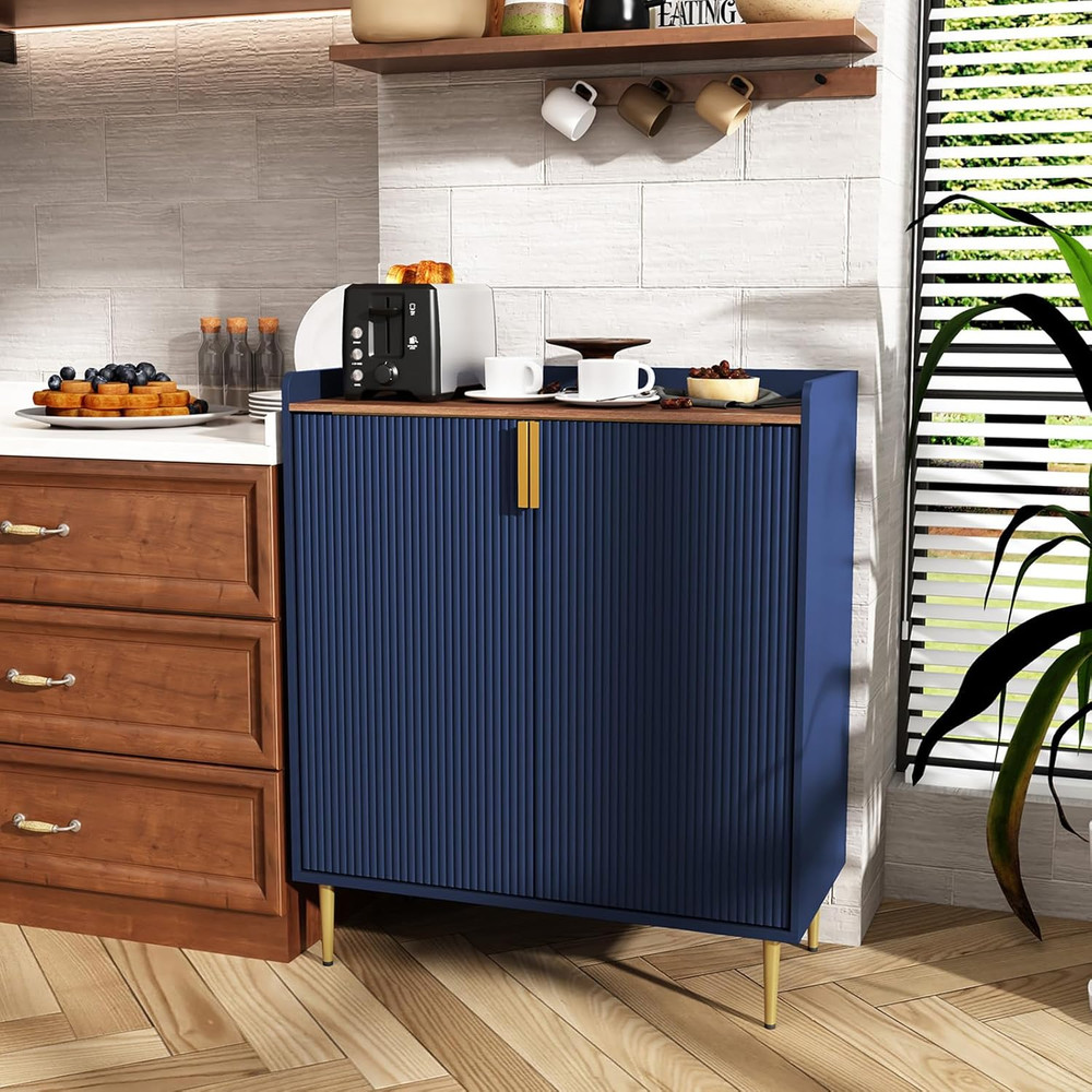Modern Blue Sideboard Buffet Cabinet with Wine Rack & Drawers