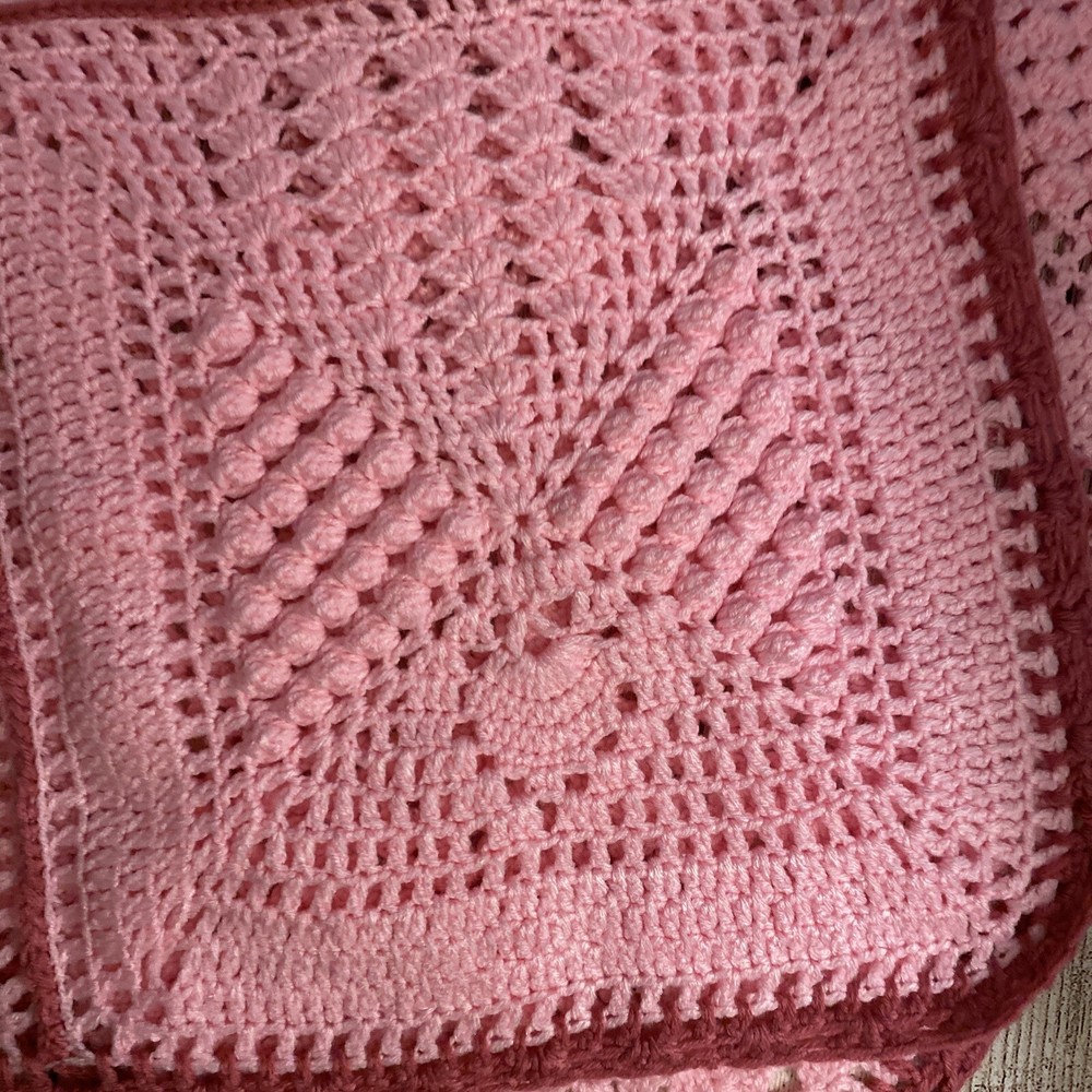 HANDMADE CROCHETED PINK BABY BLANKET DARK TRIM 48x31” RECTANGULAR