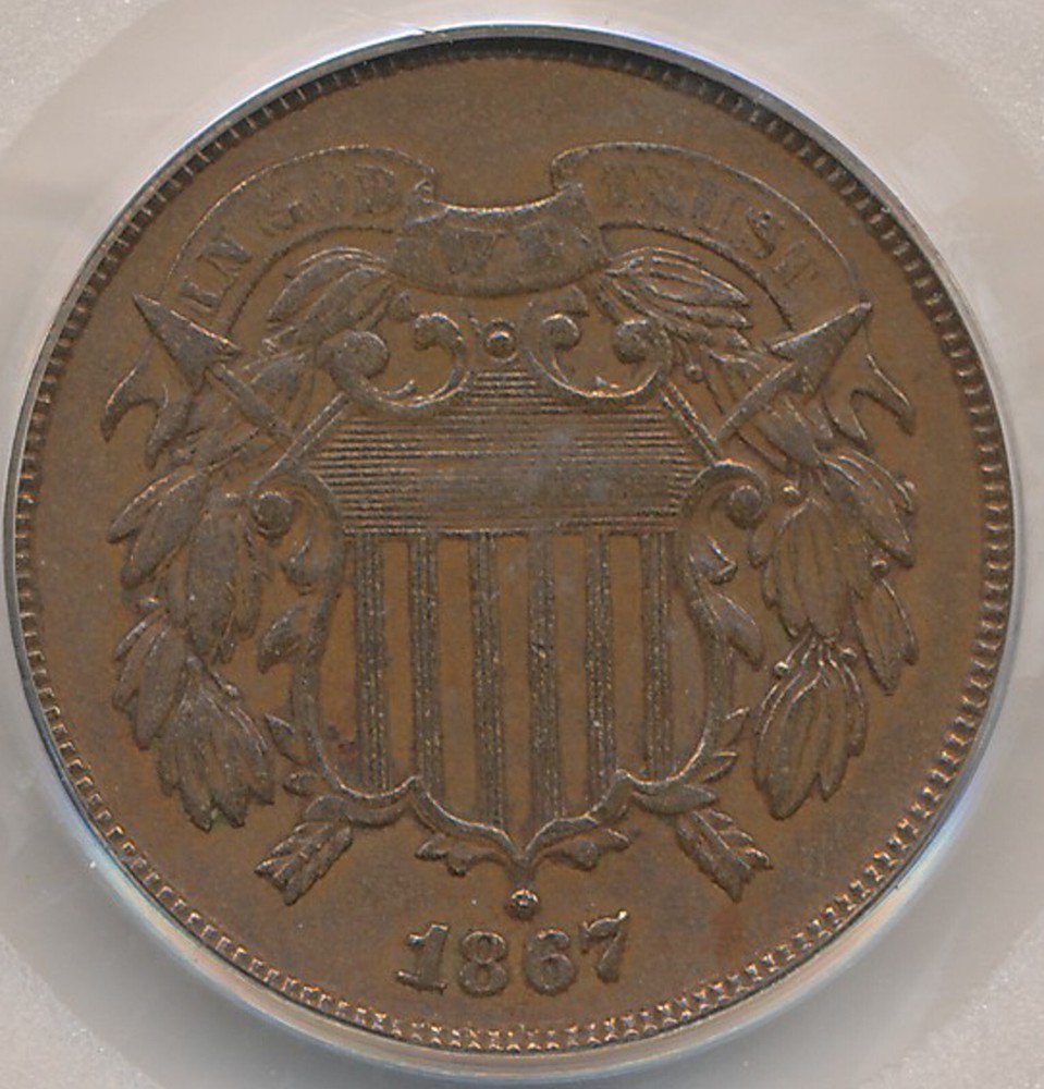 1867 2C Two Cent Piece XF 45 PCGS D.D.O. Doubled!
