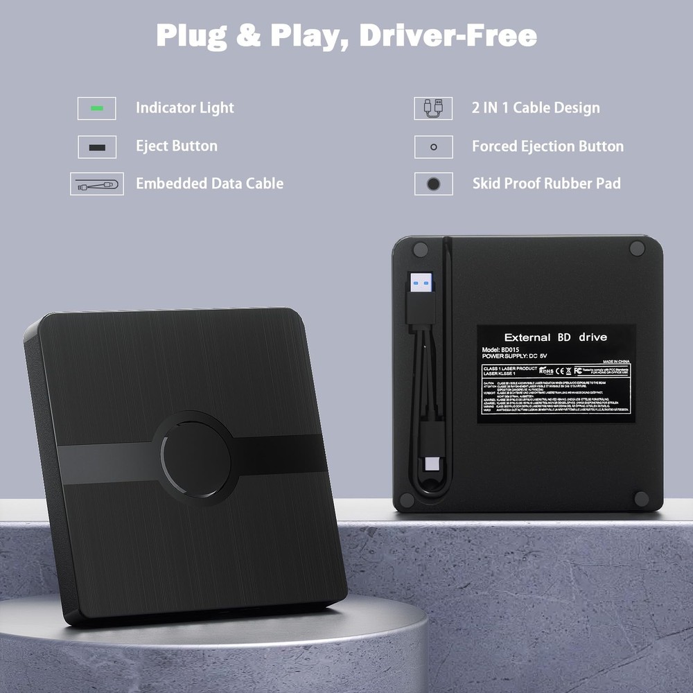 Wbacon External Blu Ray Drive, BD Player with Read/Write Capability Black