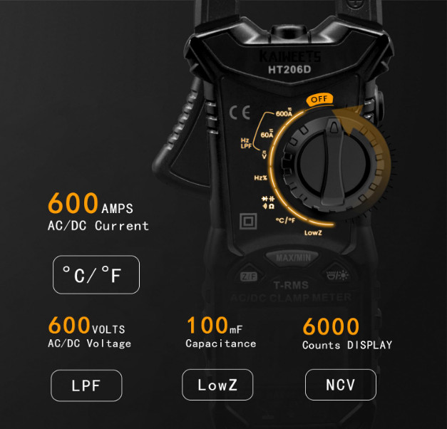 HT206D Digital Clamp Meter T-RMS Multimeter AC/DC Voltage Tester