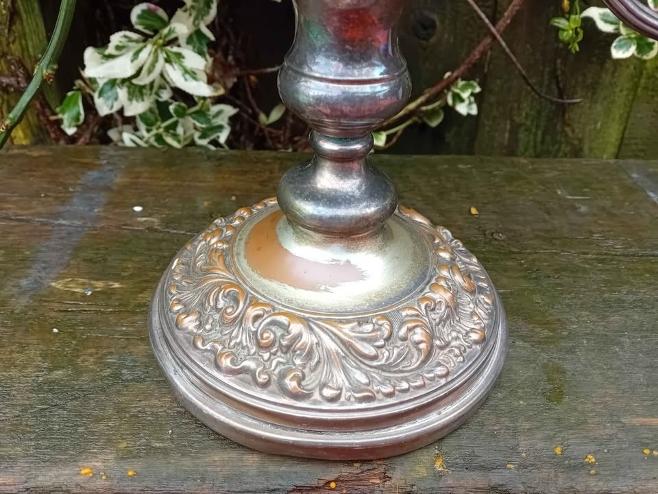 silver plate candelabra 10" tall 3 holders [silver on copper ]
