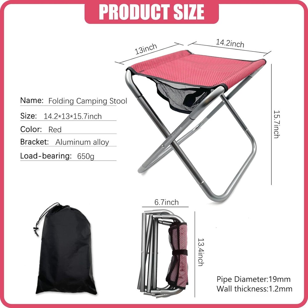 Folding Camping Stool, 16 Inch Tall Portable Stool Large, Red