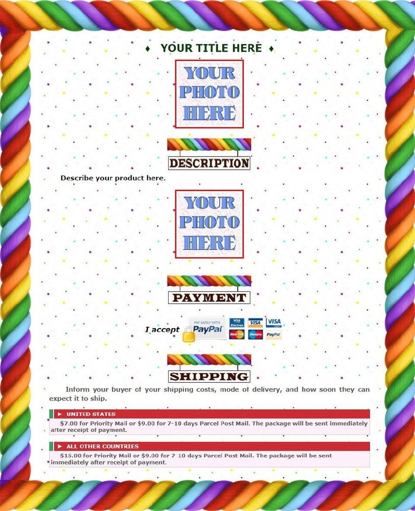 AUCTION TEMPLATE Multicolor Ropes Design Border - FREE Email Shipping