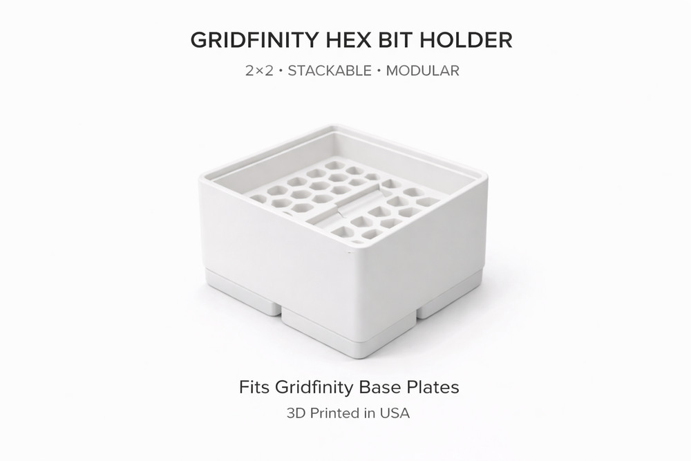 Gridfinity 2×2 Hex Bit Holder Stackable | 1/4" Bit Organizer | Modular Storage