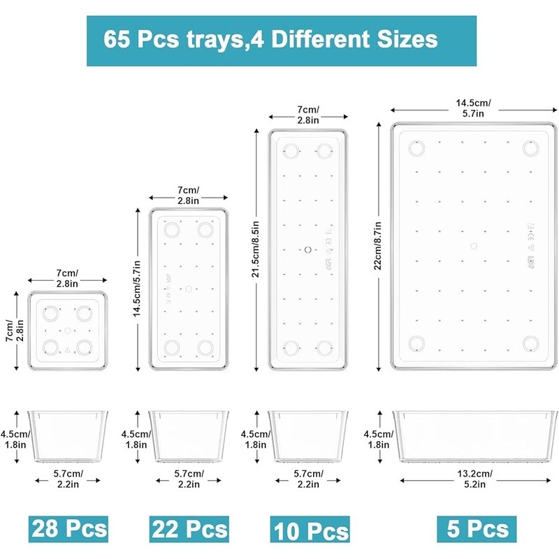 Durable Stackable Drawer Organizer 65 Bins Easy Clean Non-Slip Storage New