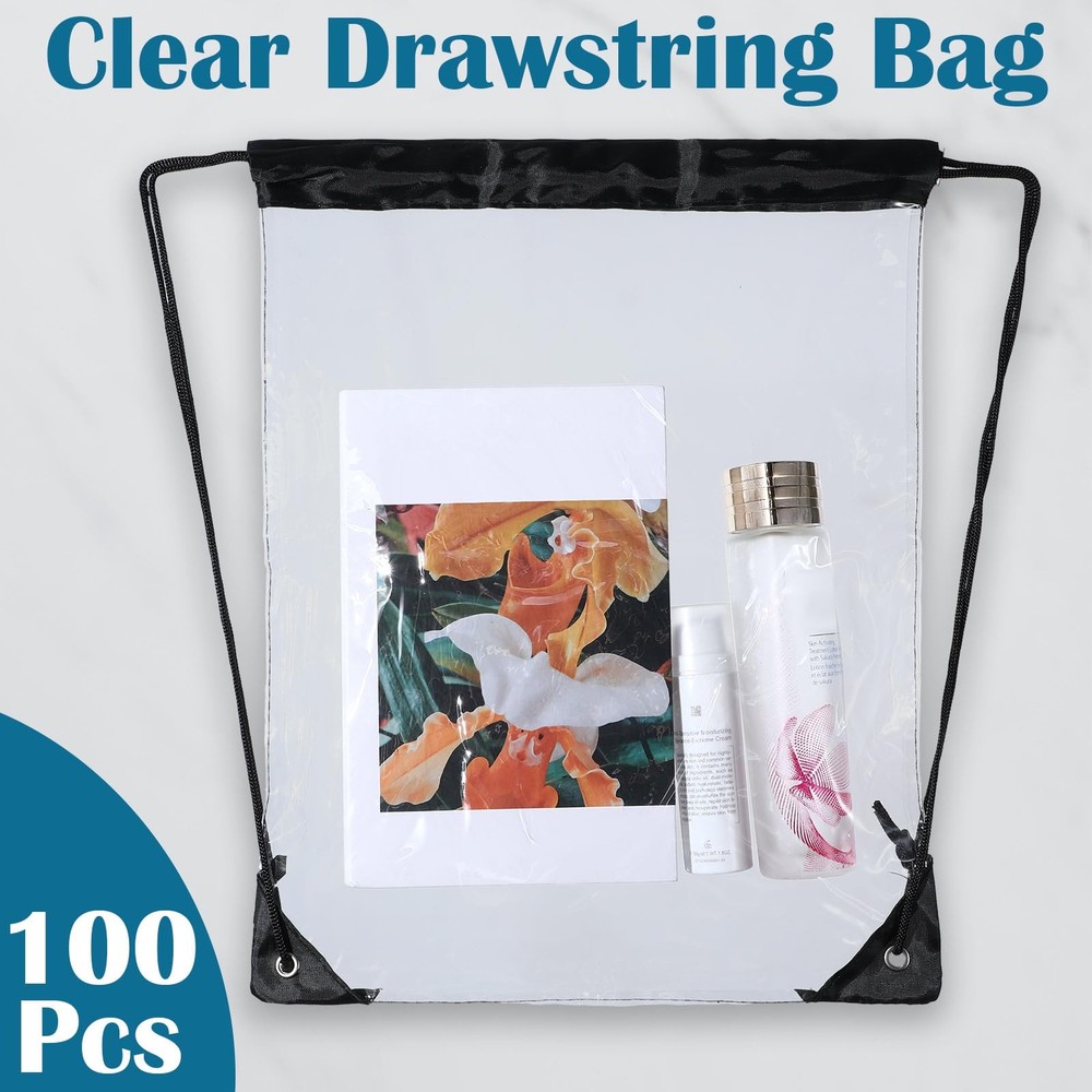 Silkfly 100 Pcs Clear Drawstring 17 inches x 13 inches, Clear, Black String