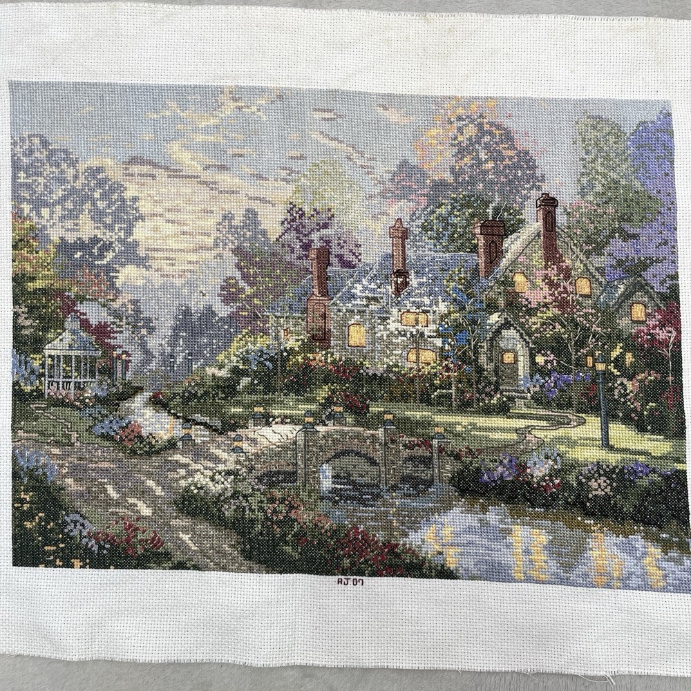 Finished Cross Stitch Thomas Kinkade Beyond Spring Gate 11x15 Garden Completed*