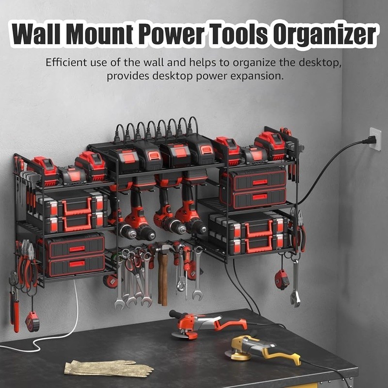Power Tool Organizer Wall Mount Tools and Battery Storage Rack Charging Station