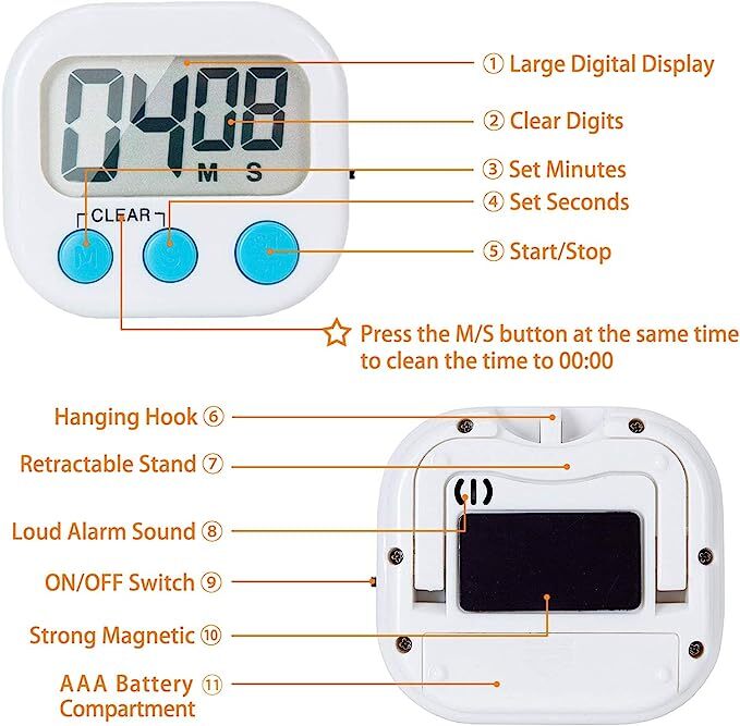 Digital Kitchen Timer - Magnetic Countdown Countup Timer with Large LED Display