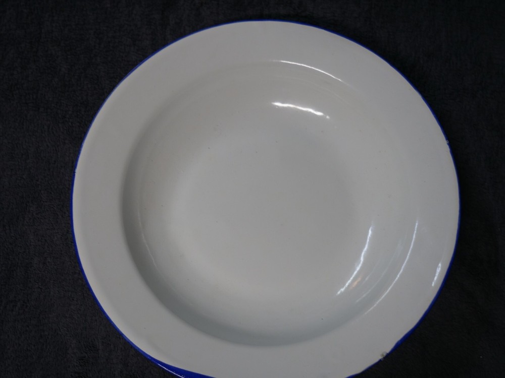 Enamel Dinner Plate 10” White W/ Blue Trim