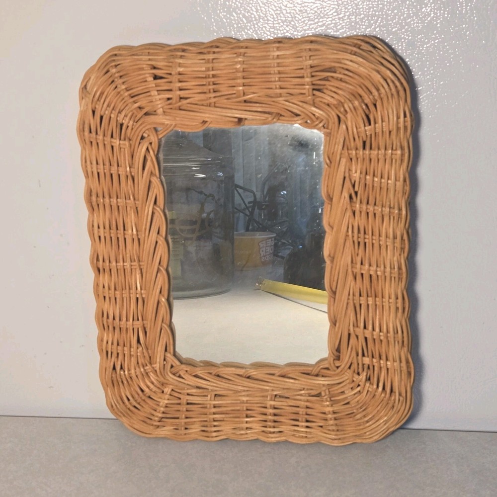 Wicker Mirror Vintage Mounting Hooks Wall Mirror Natural Wood Frame BoHo