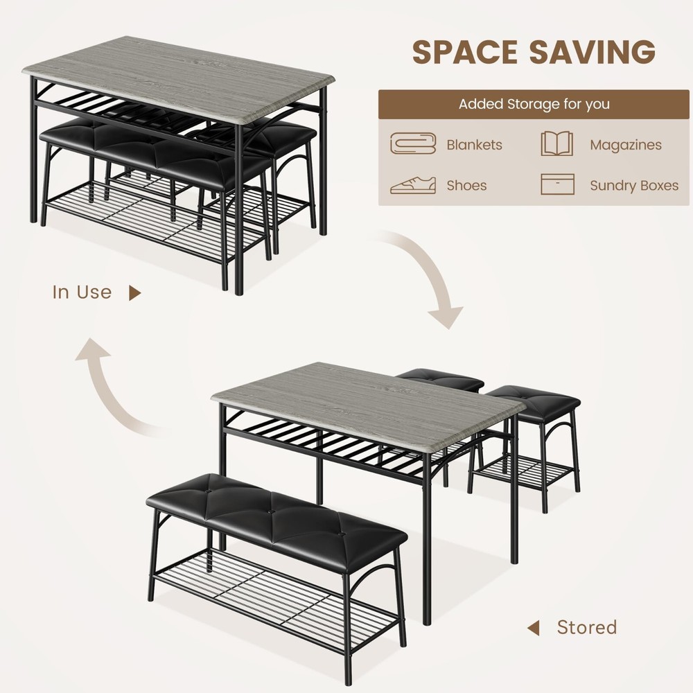 Dining Set Table with Wine Rack and 2 Upholstered Stools Bench for Small Kitchen
