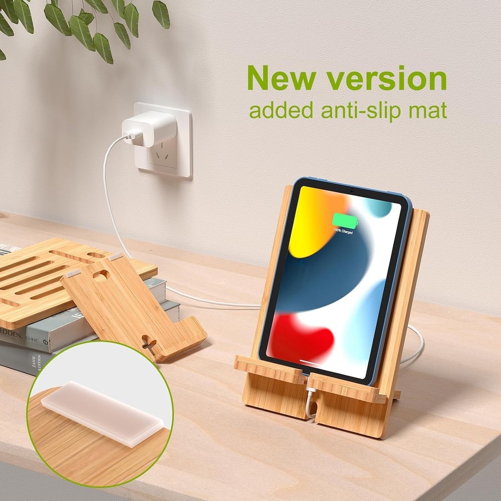 Multi-Angle Bamboo Tablet Holder for Smartphones & Tablets - Adjustable Size