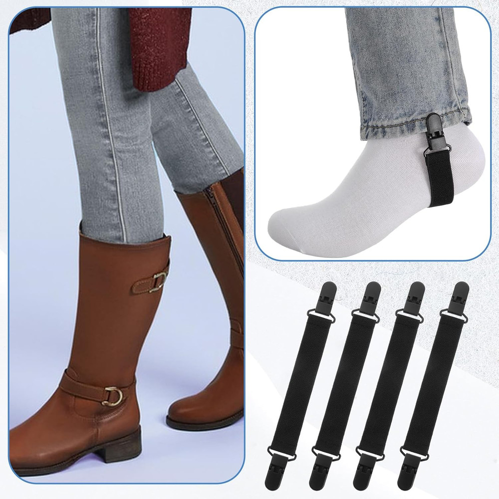 Adjustable Elastic Boot Straps with Clips for Tucking Pants - 4 Pack
