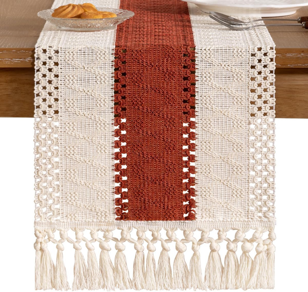 Boho Table Runner Macrame Fall Thanksgiving Farmhouse Woven Cotton Linen Rustic