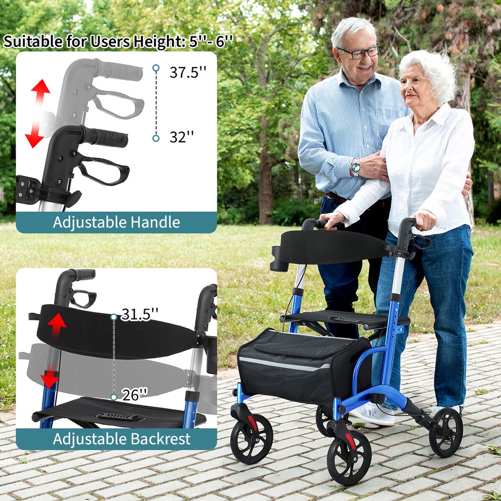 Compact Blue Rollator Walker for Seniors - Easy Folding Aid with Seat & Storage