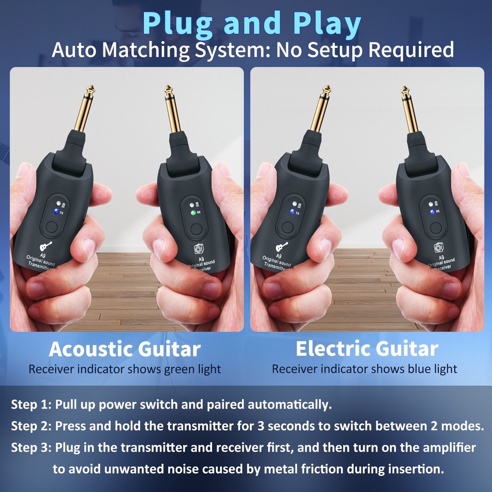 Wireless Guitar System Transmitter Receiver Audio Guitar 100ft Rechargeable