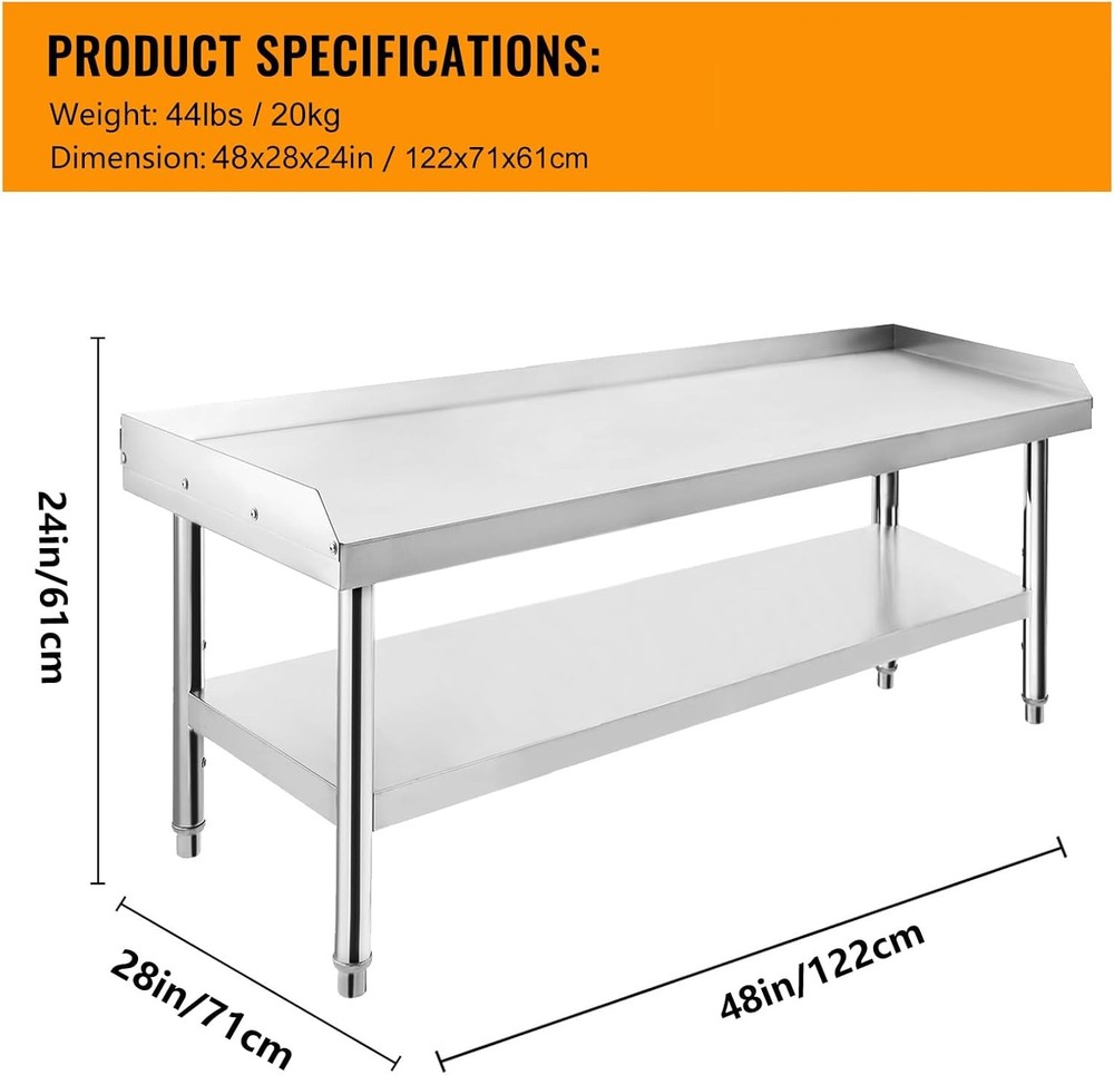 48"x28" Stainless Steel BBQ Grill Stand Kitchen Work Prep Table w/ 2" Backsplash