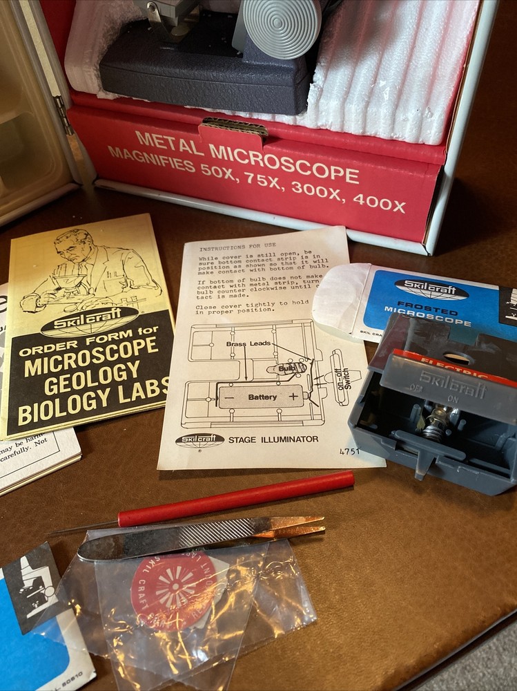 1970s Skilcraft kids microscope, metal microscope, case, instructions