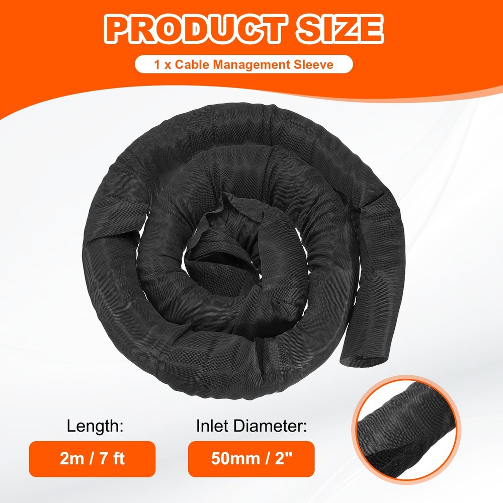 Wire Split Braided Cable Management Sleeve, Black (2" - 7 Feet)
