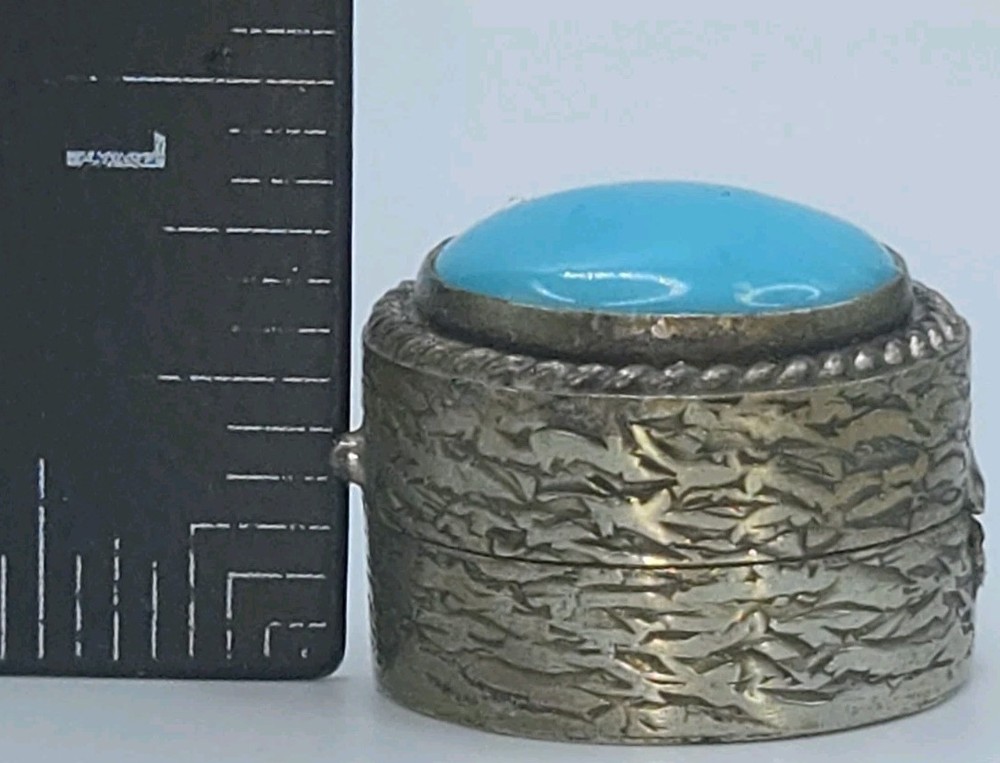 Antique Genuine Turqoise Cabochon Solid 800 Silver Hinged Pill/Snuff Box 1-1/4"D