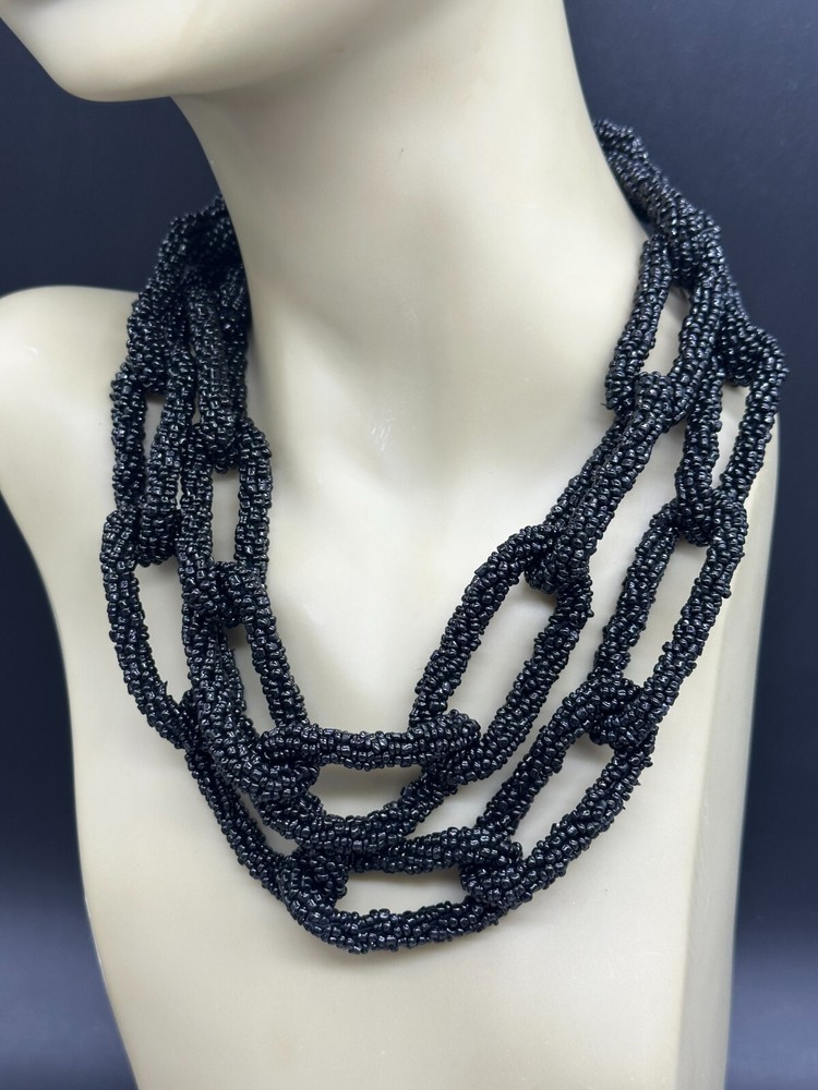 ESTATE HUGE STATEMENT BLACK SEED BEAD SEEDBEAD CHAIN NECKLACE 40"