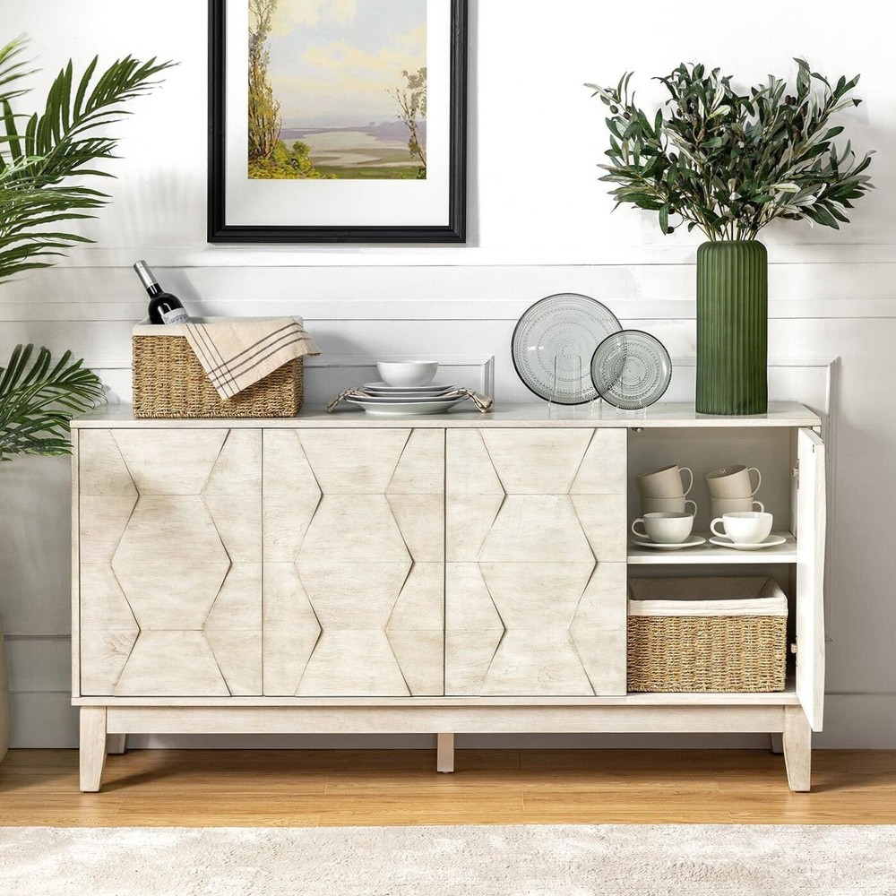 Mid Century Modern Sideboard Buffet Cabinet Credenza Stand Wide Solid Wood White