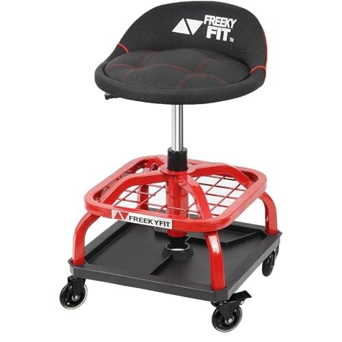 Rolling Shop Stool with Wheels, Garage Work Mechanic Stool with Backrest, Red