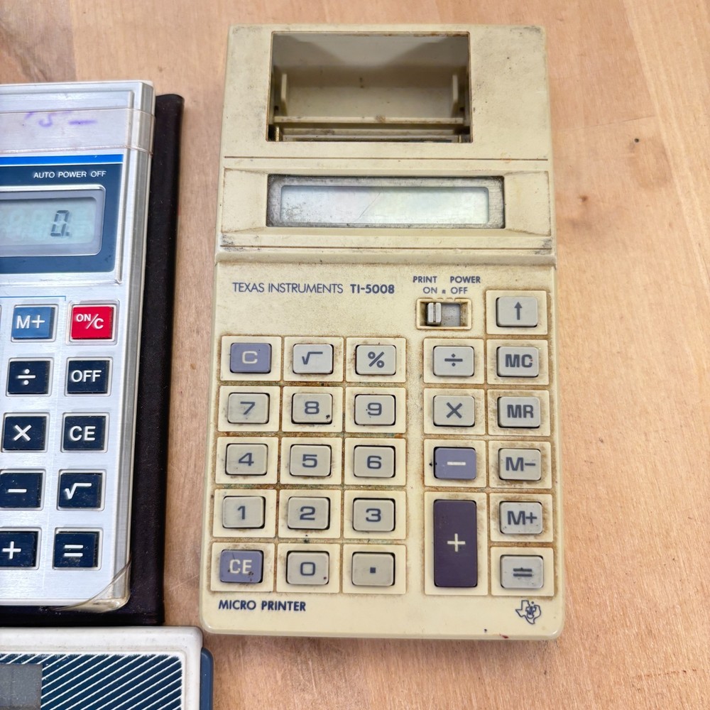 Lot 5 Vtg Calculators, Texas Instruments, Casio, Sharp, Caliber