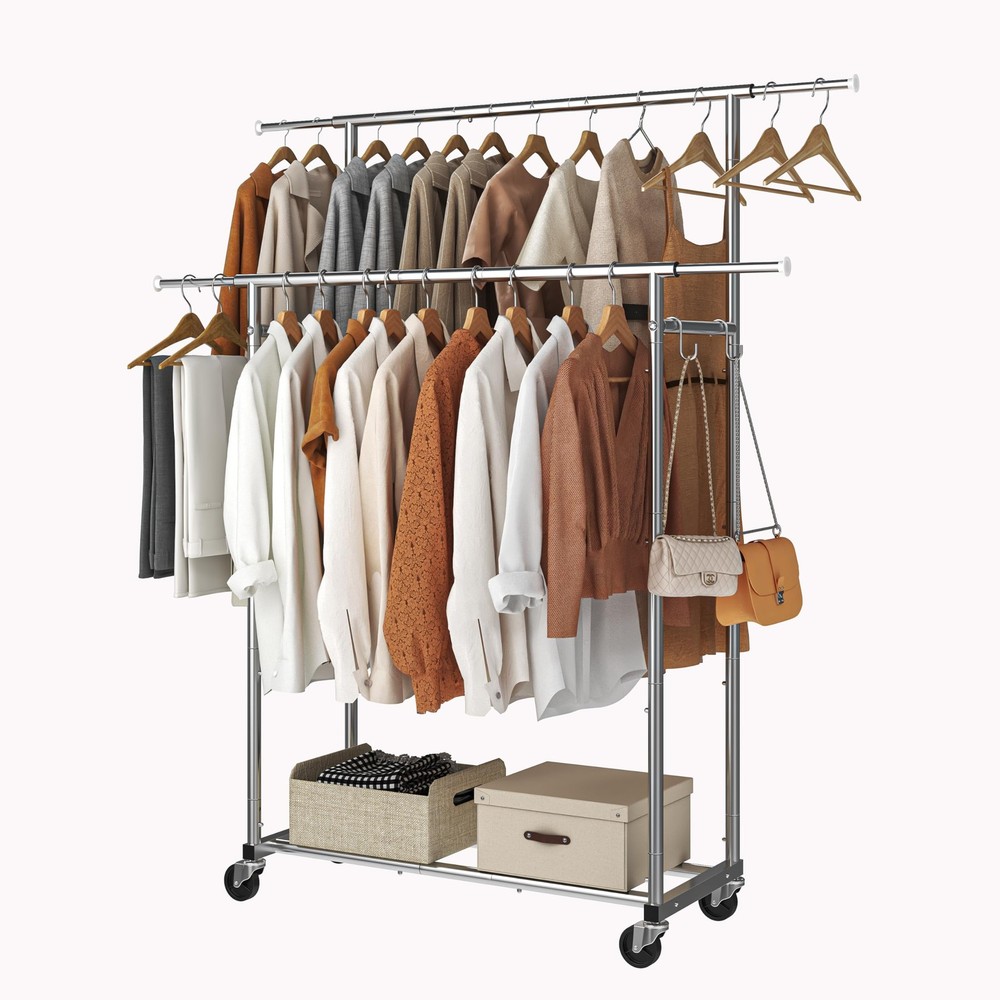 Double Rod Garment Rack Rolling Clothes Organizer Chrome