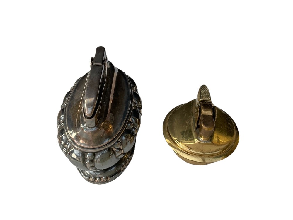 2 Lot Ronson Crown Silver Plate Table Top Lighter & Gold tone Replacement Lighte