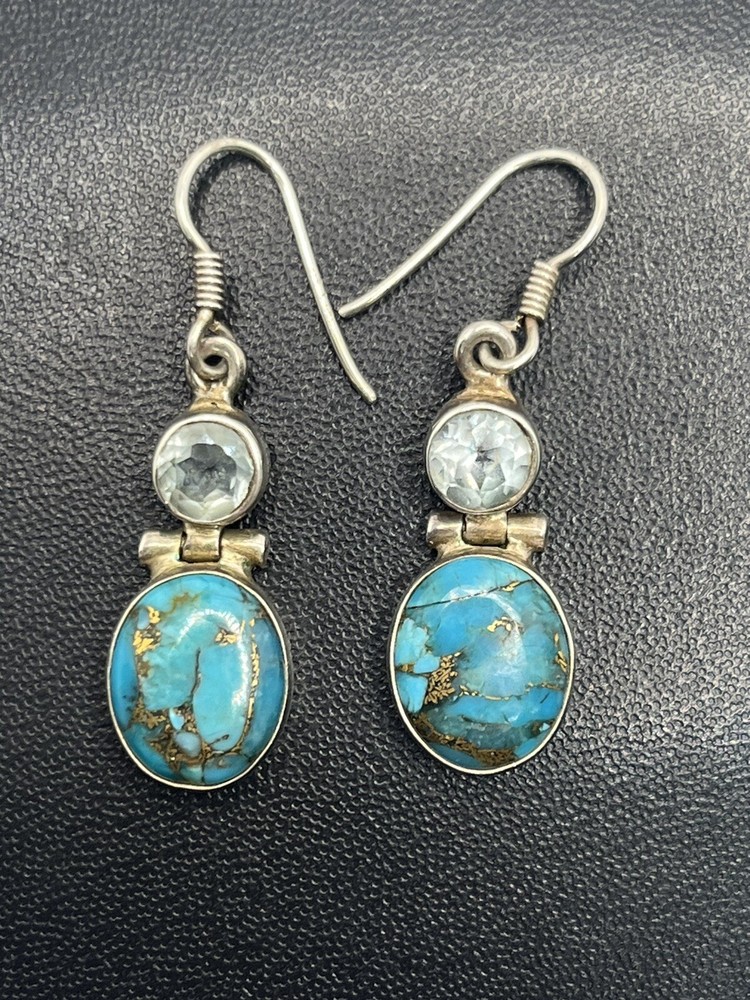 Sterling silver India turquoise blue cz stone dangle earrings