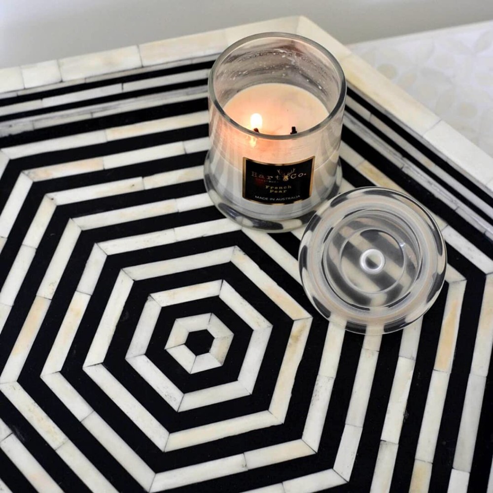 Handcrafted Hexagon Black &White Ottoman Bone Inlay Stripes Pattern Serving Tray