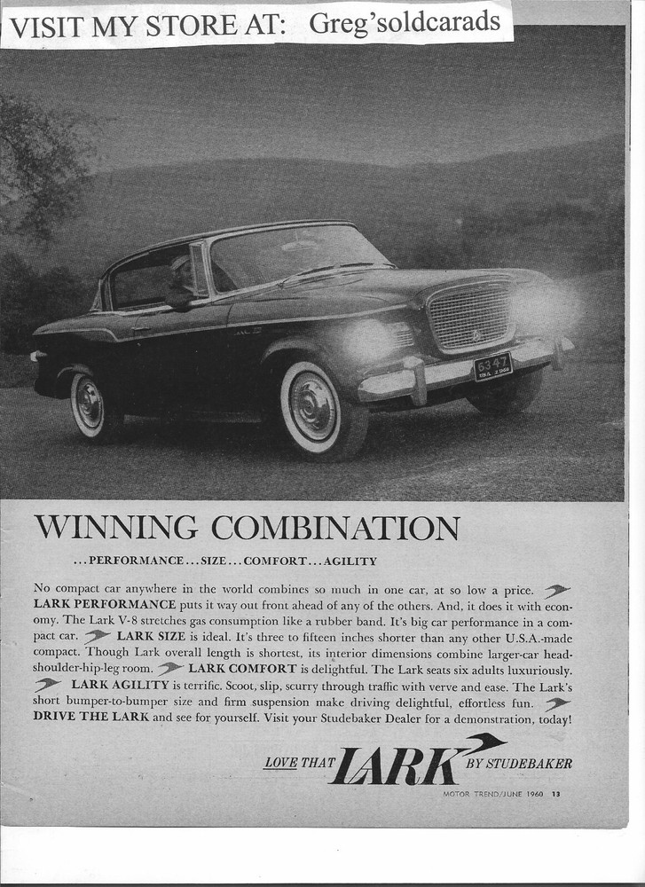 Orig. 1960 Studebaker Lark vintage print ad: "What a difference two cylinders "