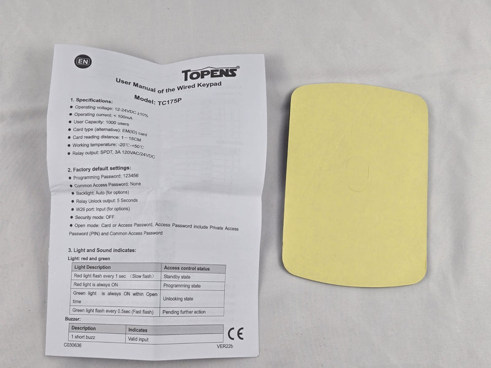 TOPENS TC175P Waterproof Wired Keypad Keyless Entry Accessory for Gate Access