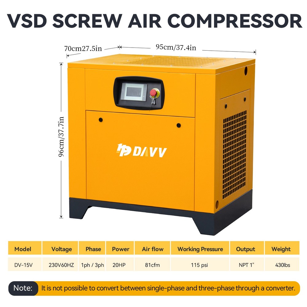 20HP 230V 1Ph/3 Ph Variable Frequency Rotary Screw Air Compressor 81CFM@115PSI
