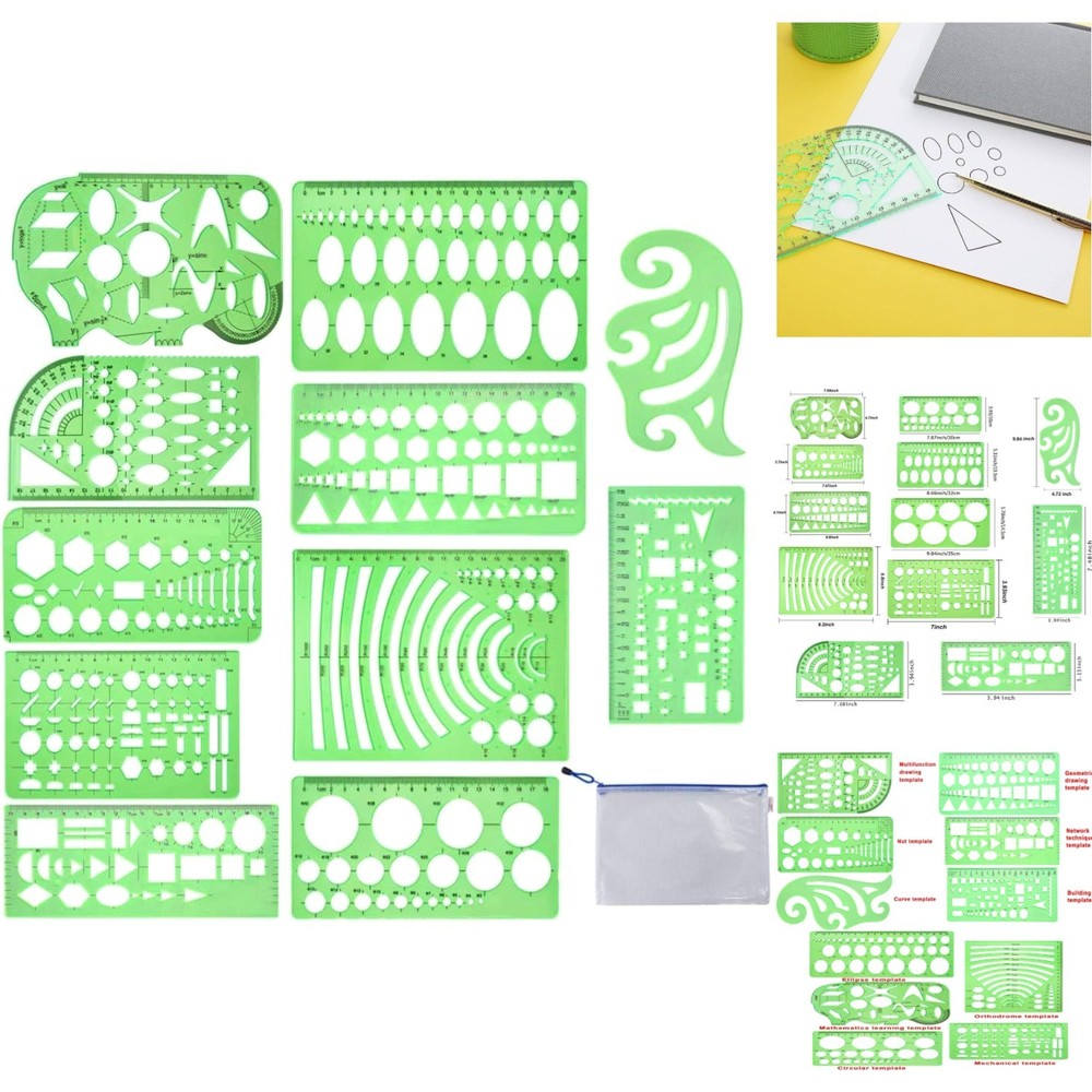 11pc Geometric Drawing Template Set Plastic Drafting Stencils School & Office