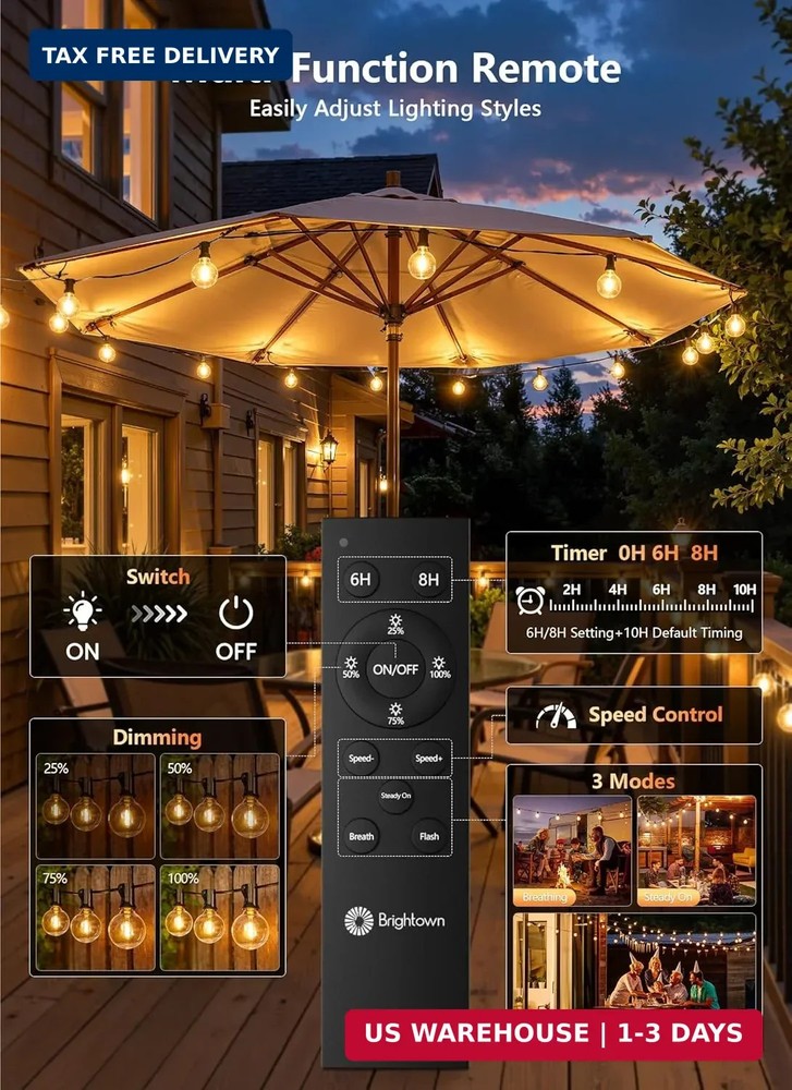 Outdoor String Lights with Remote, 100Ft Outside Waterproof Light with Dimmable