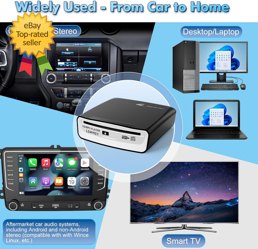 USB CD Player Car External AUX FM Transmitter Portable Anti Skip Remote Control