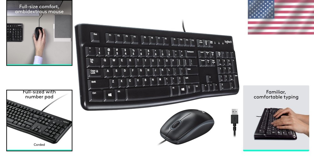 Ergonomic Full-Size USB Keyboard & Optical Mouse Combo - Ideal for Windows