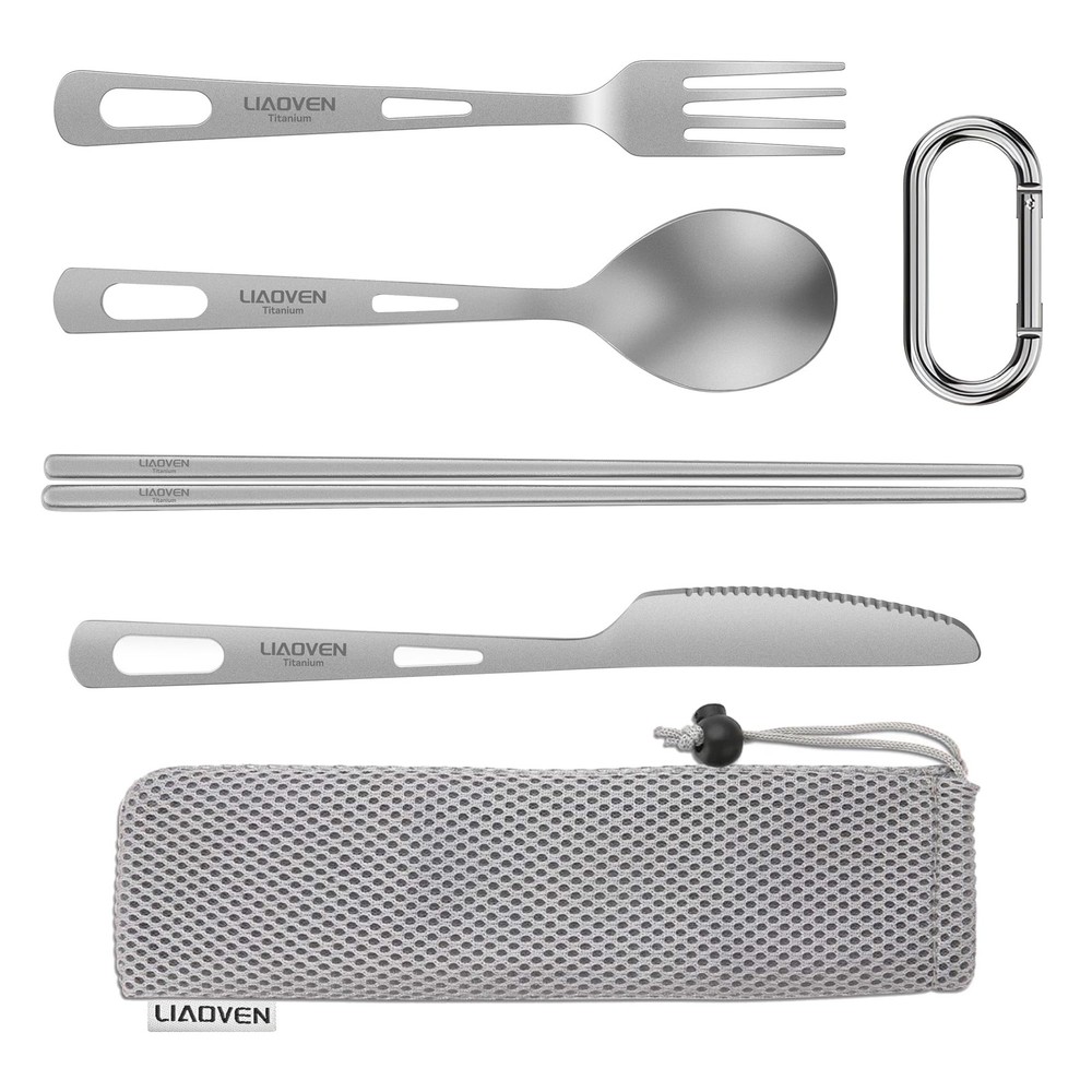 5-Piece Titanium Flatware Set with Knife, Fork, Spoon, Chopsticks & Carry Bag