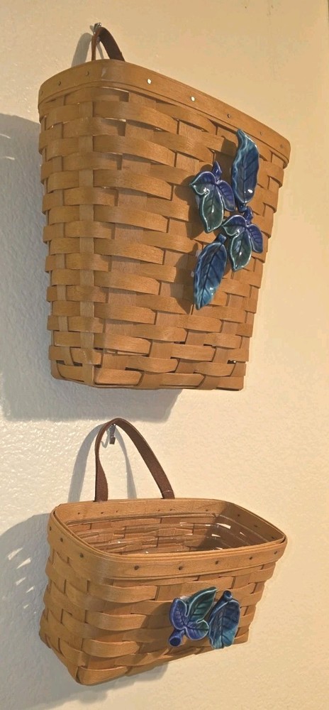 LANGABERGER 2-BASKETS THIN MAPLE W/CERAMIC(ADED)DECOR &PLASTIC LINER 2000 USA
