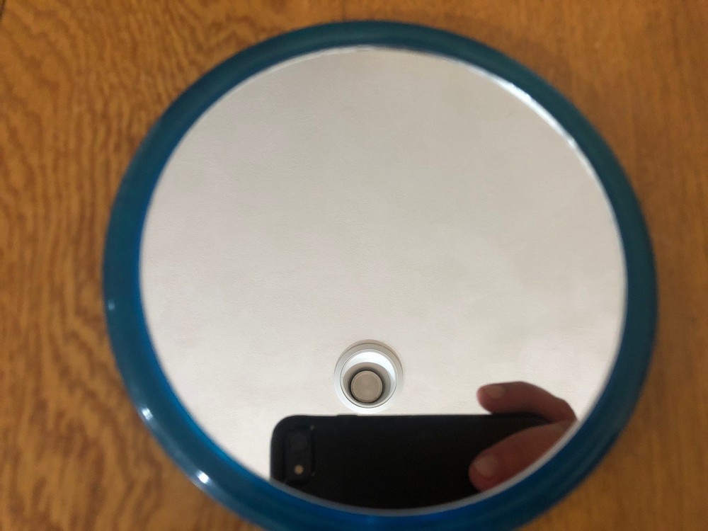 VINTAGE BLUE HANDLE DOUBLE SIDED CIRCULAR PLASTIC MIRROR