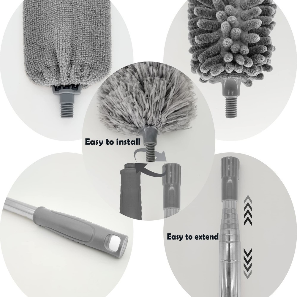 Microfiber Duster with Telescoping Extension Pole(30-100 Inches) Kit, 4 Clean...