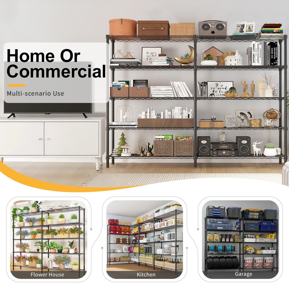 5-Tier Wire Shelving Unit 2-Column - Heavy Duty, Adjustable, Modular & Black